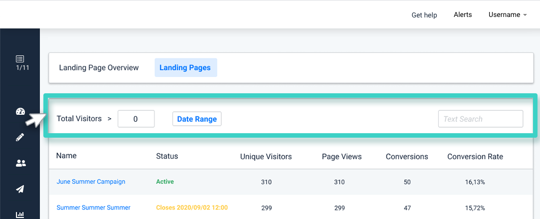 Landing page insights, filter with visitors, date range and text search