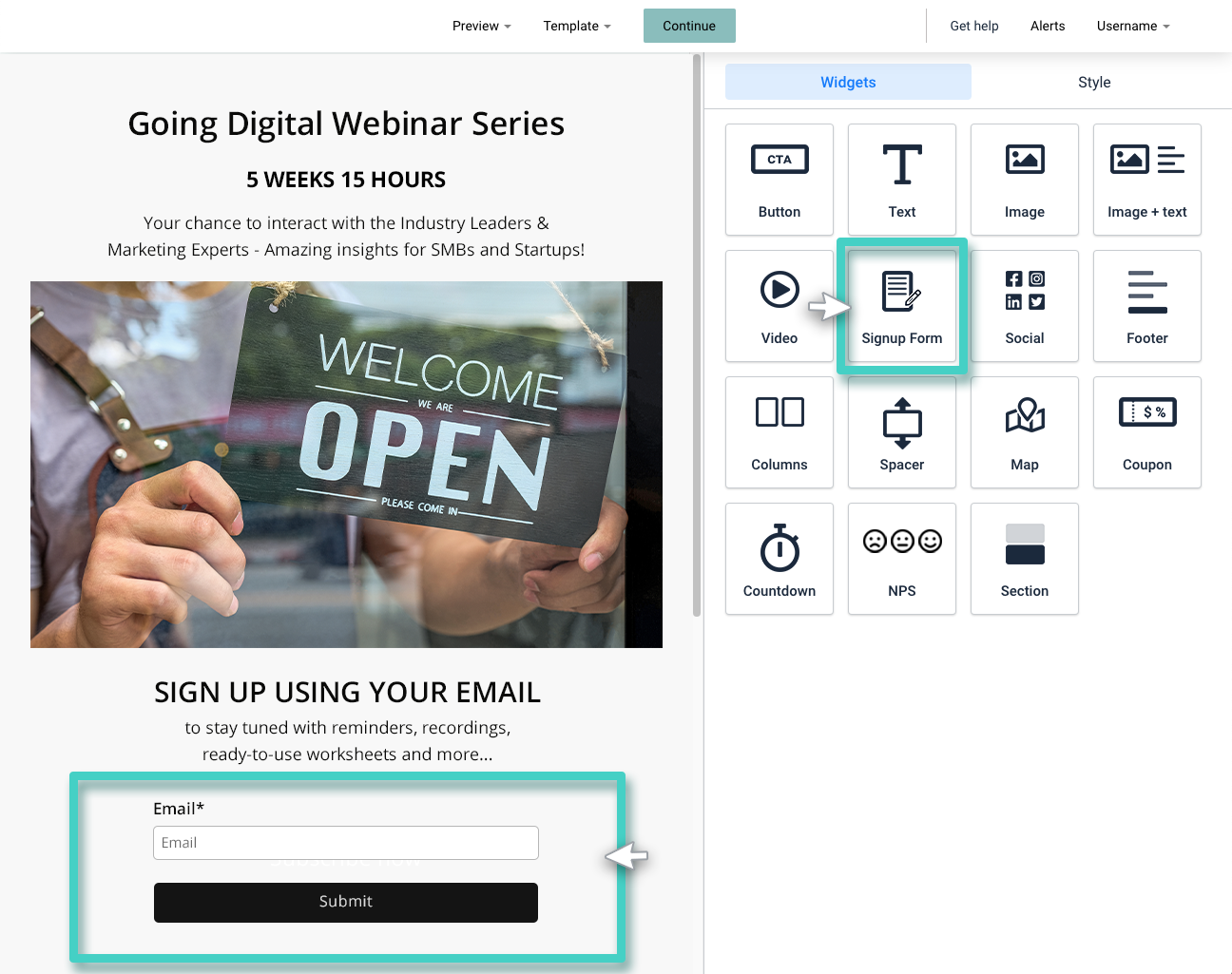Landing page builder, email signups. Signup form widget highlighted