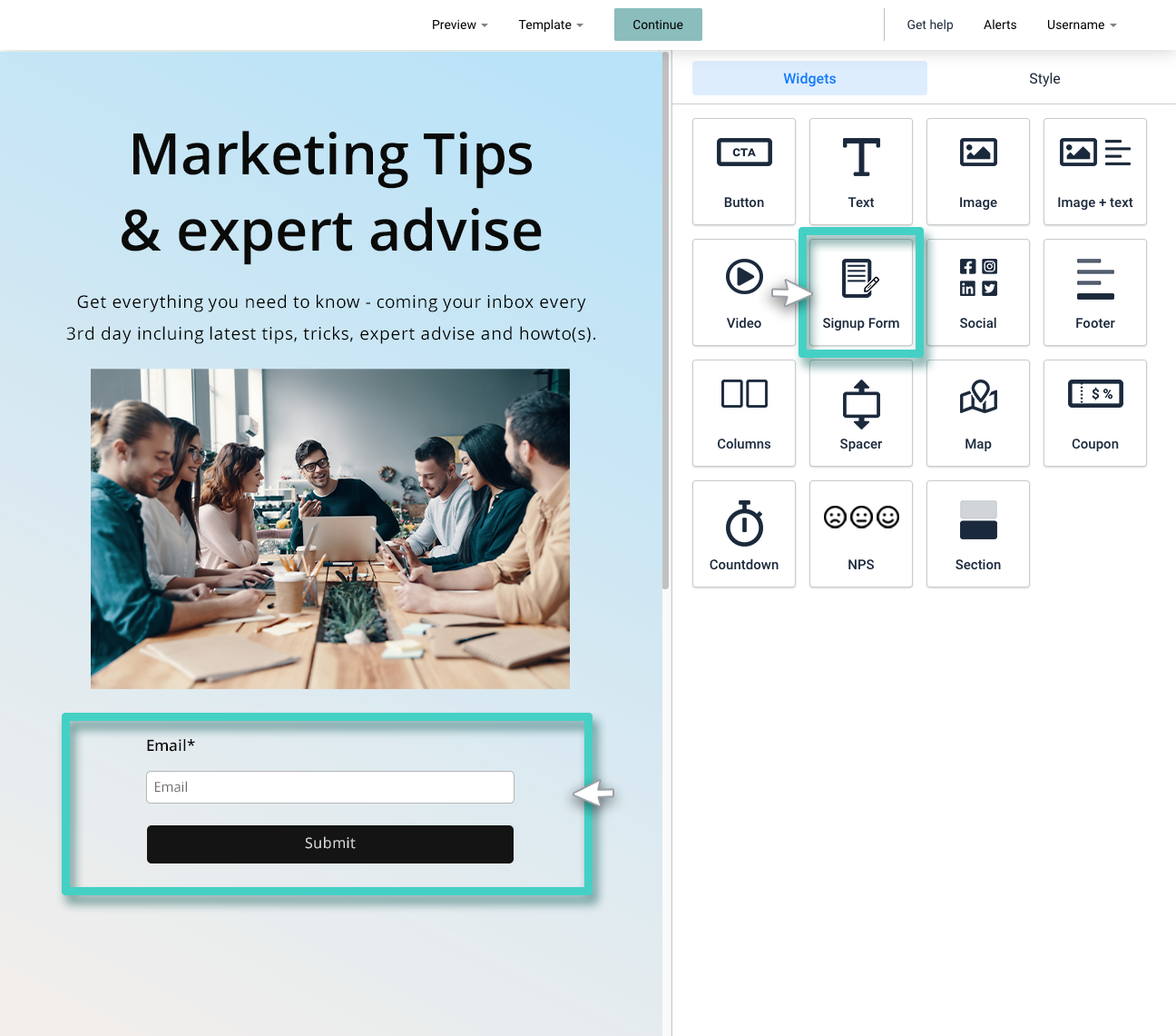 Double opt in email signups, landing page workspace. Insert signup form widget