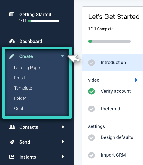 MainBrainer Create menu. Options are Landing Page, Email, Template, Folder and Goals