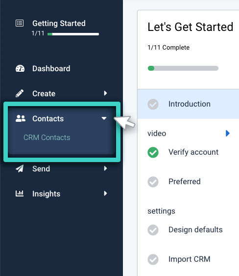 MainBrainer CRM, Contacts submenu. Only option is CRM Contacts