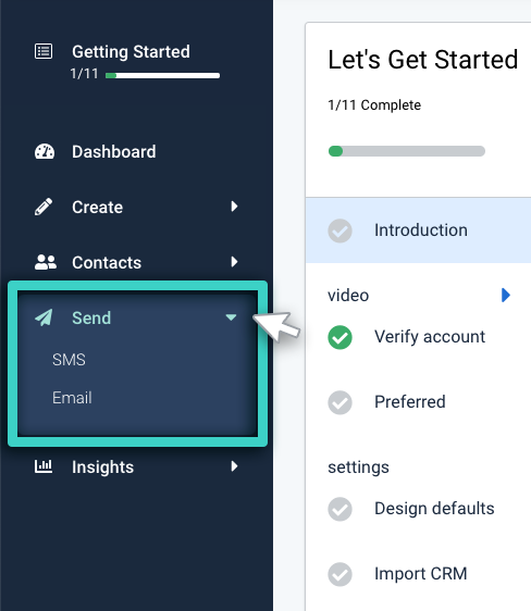 MainBrainer, Send submenu. Options are SMS and Email