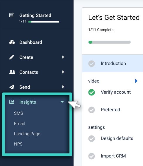 MainBrainer Insights submenu. Options are SMS, Email, Landing page and NPS