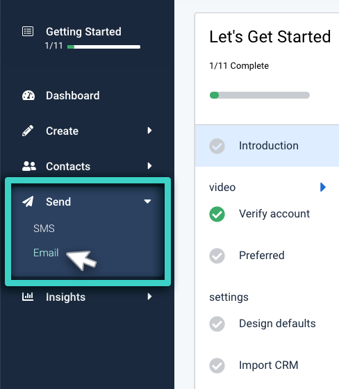 Email campaign, send menu. Email highlighted