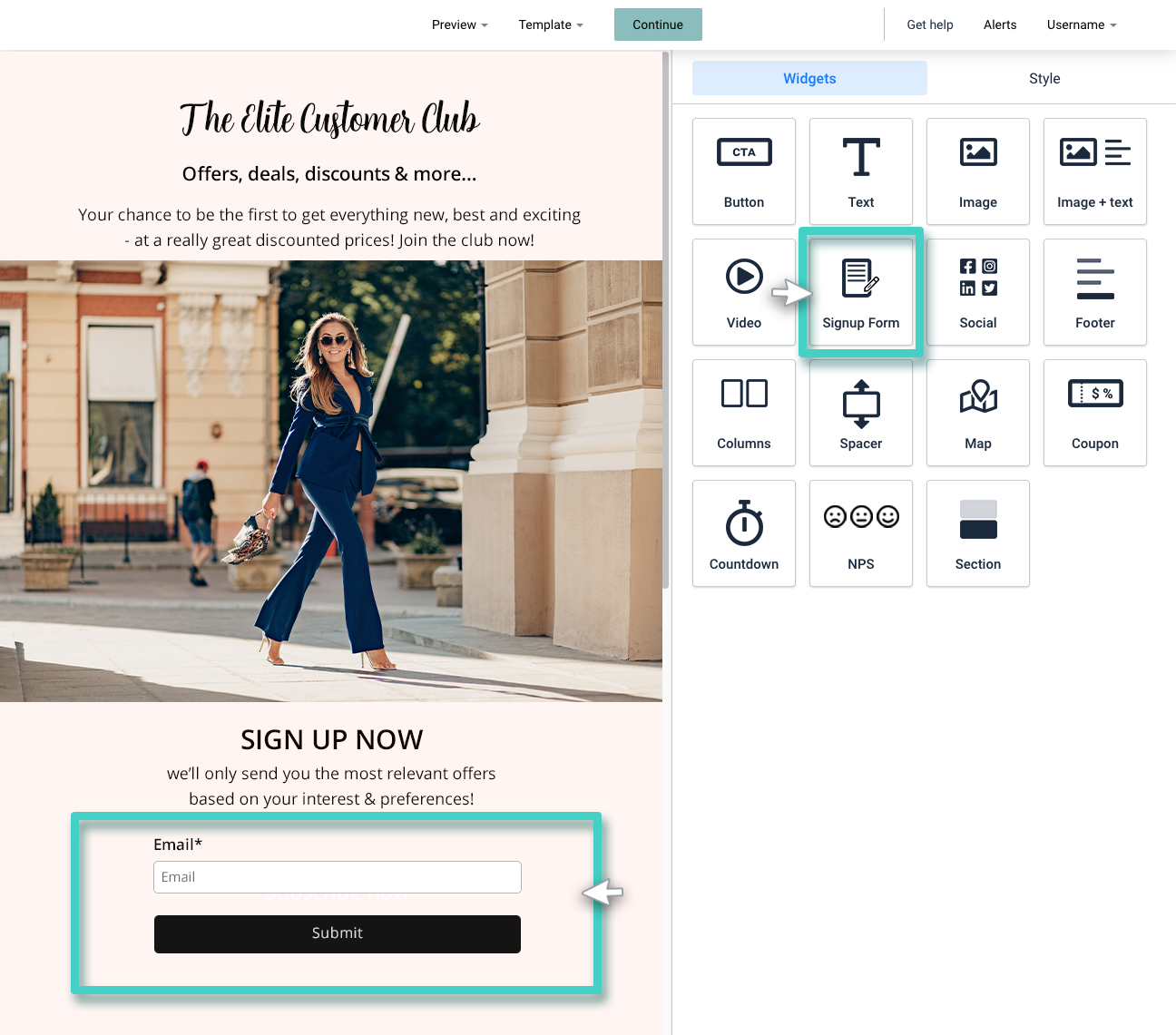 Double optin SMS sign ups, landing page workspace. Insert signup form widget