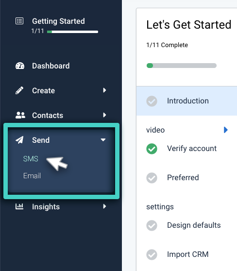 SMS campaign, send menu. SMS highlighted