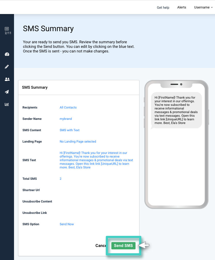 SMS sending summary. Recipients, sender name, content, landing page and preview