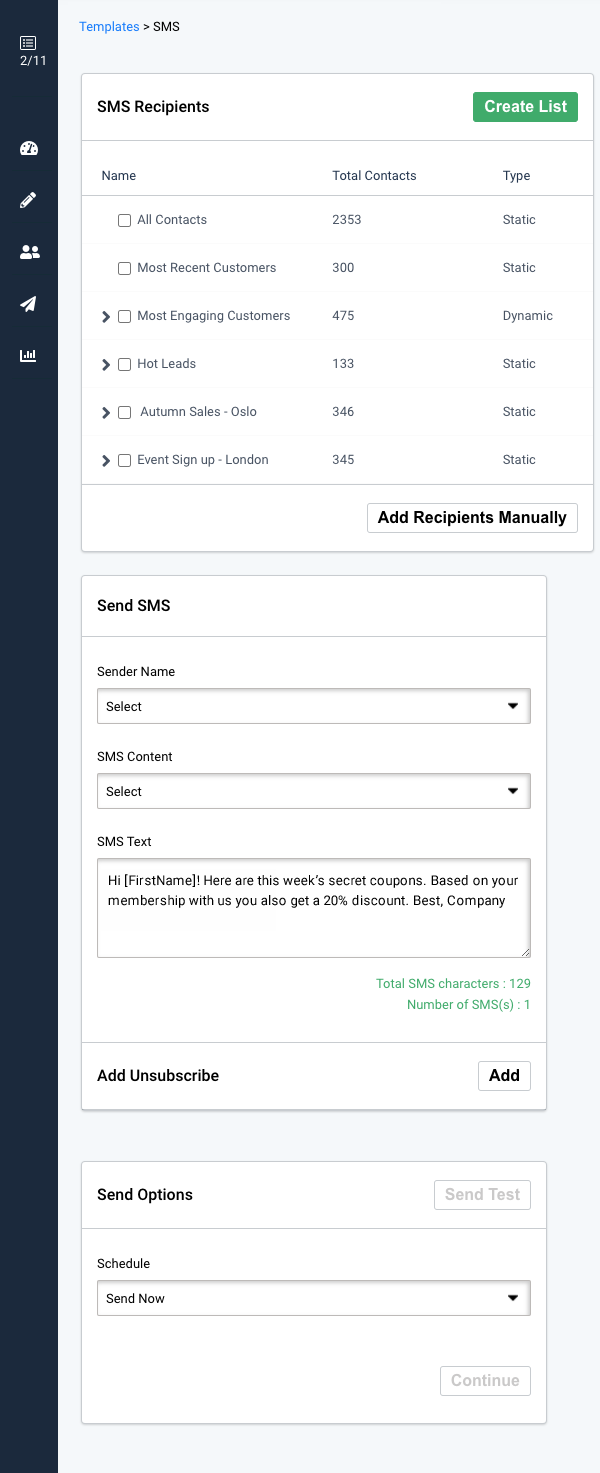 SMS campaign, SMS recipients. Create list or add recipients manually
