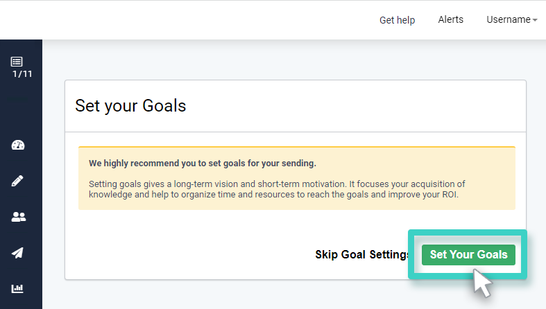 SMS with landing page, set campaign goals. Goals button highlighted