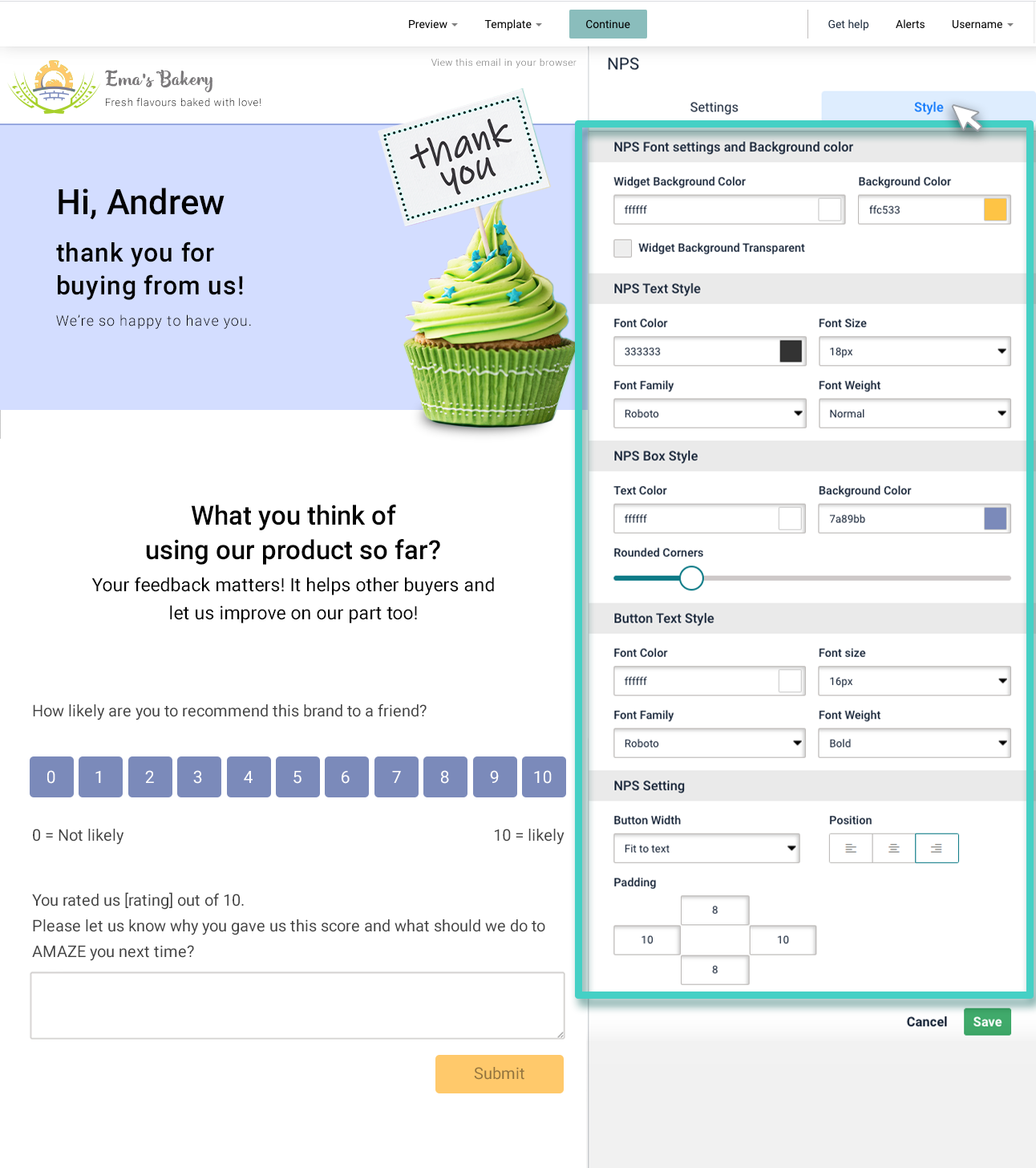 Landing page NPS style Landing page NPS widget. The style tab is highlighted