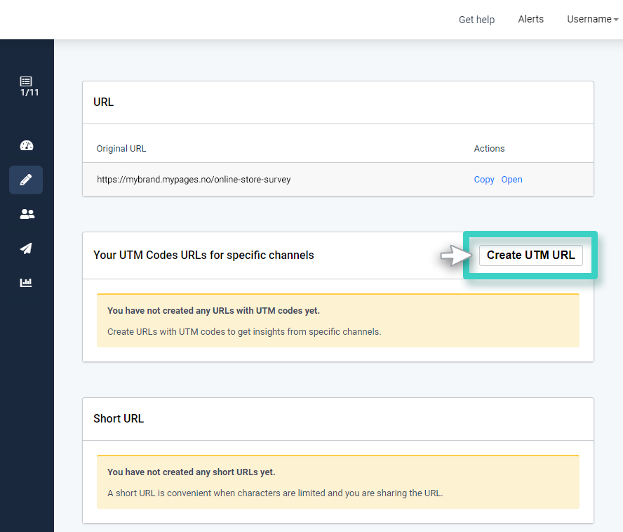 Survey UTM codes. The create UTM url button is highlighted