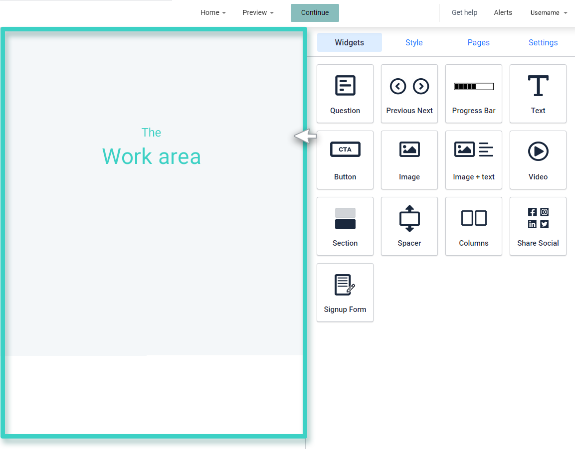 Survey work area Survey builder. The work area is highlighted for drag and drop