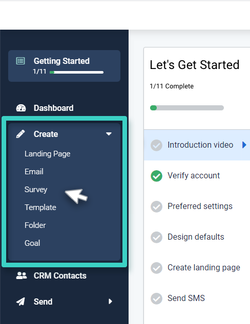 Survey sub menu New Survey create menu. Survey is highlighted