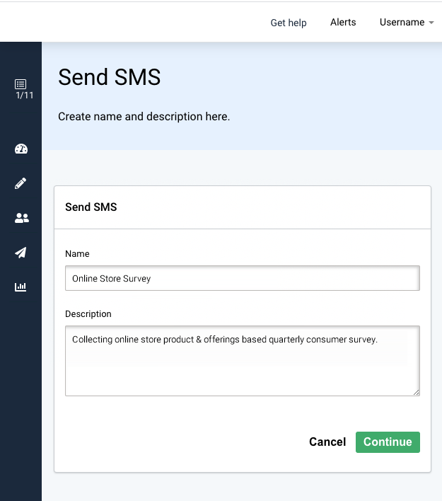 SMS with Survey, send SMS options. Create name and description