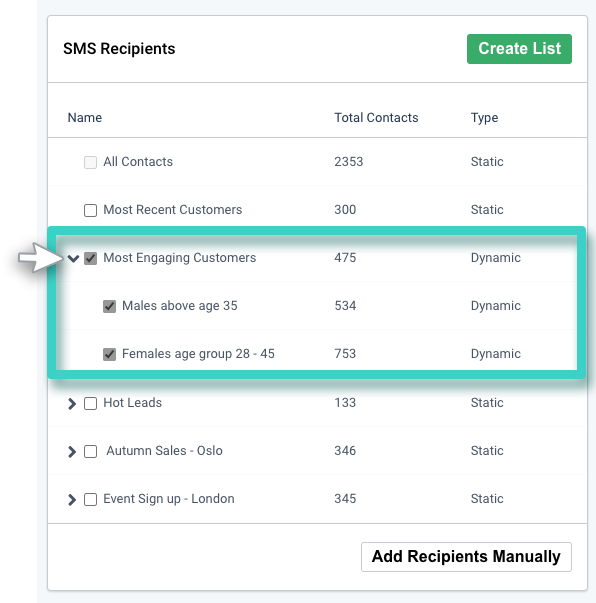 SMS with Survey, SMS recipients. Create list button highlighted