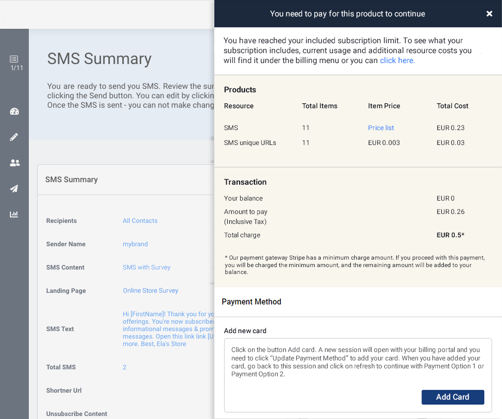SMS with survey, insufficient funds payment options