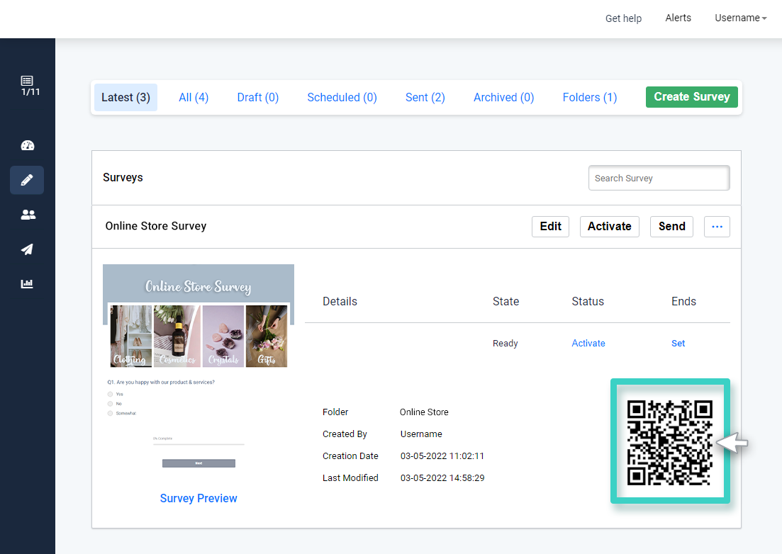 Active QR Code for Survey Survey manager. Active QR Code is highlighted