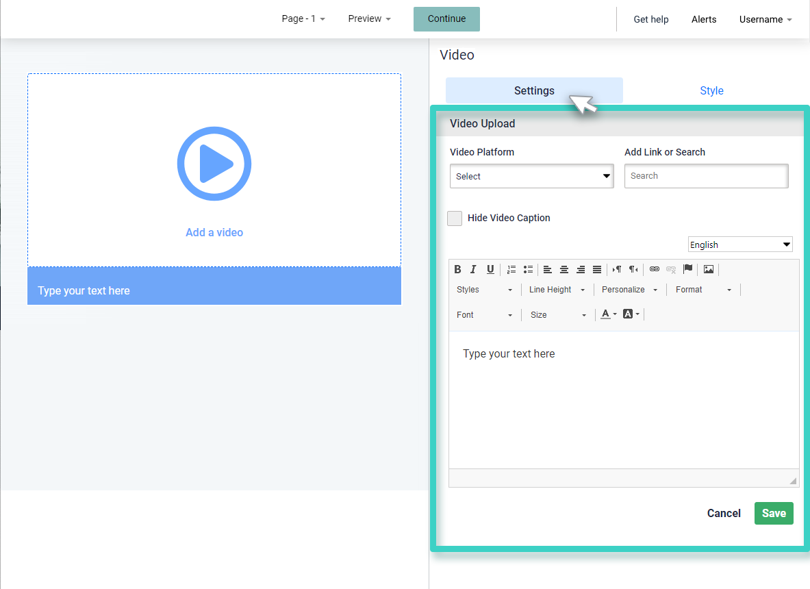 Survey video widget. Video widget settings tab is highlighted
