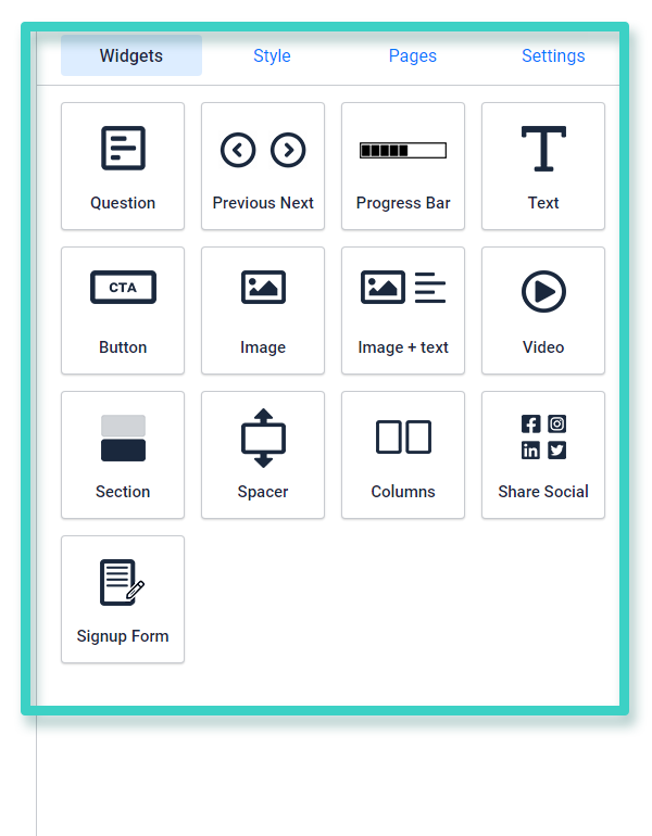 Survey builder widgets Survey builder. The different widgets are highlighted