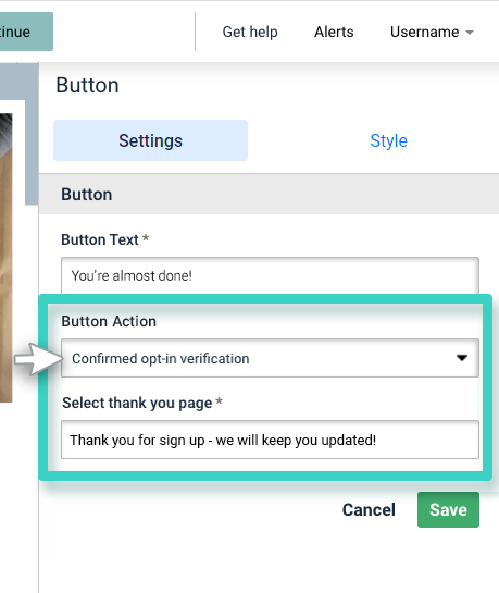 Survey redirect button. Confirm opt-in button action is visible