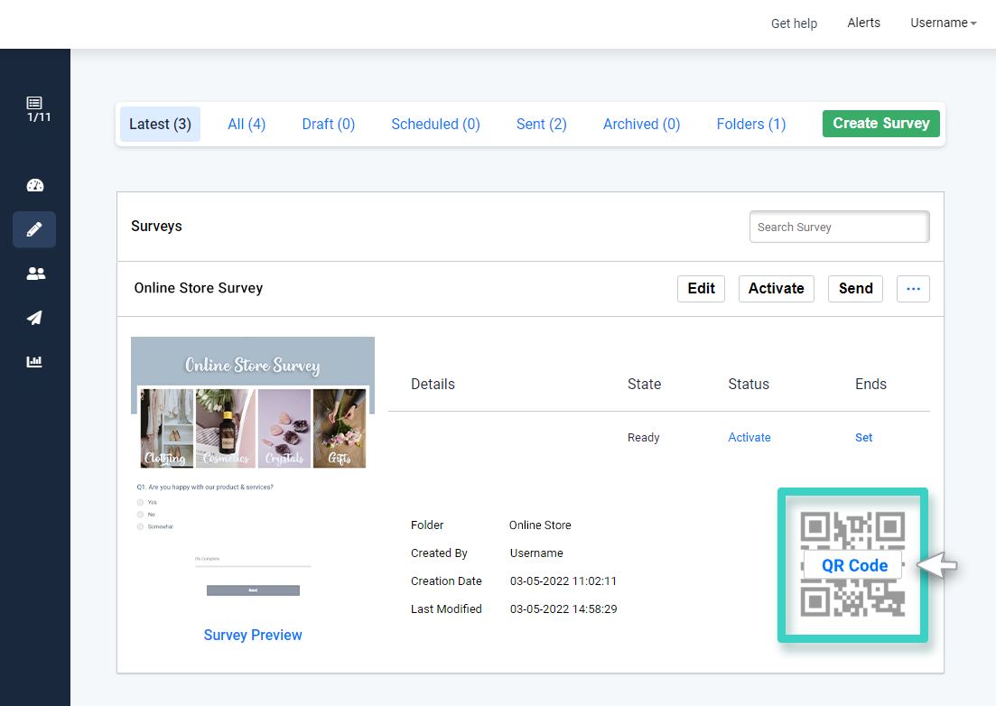 Inactive Survey QR Code Survey Manager. Inactive QR Code is highlighted
