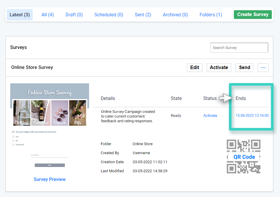 Survey creations, Survey end date and time is highlighted