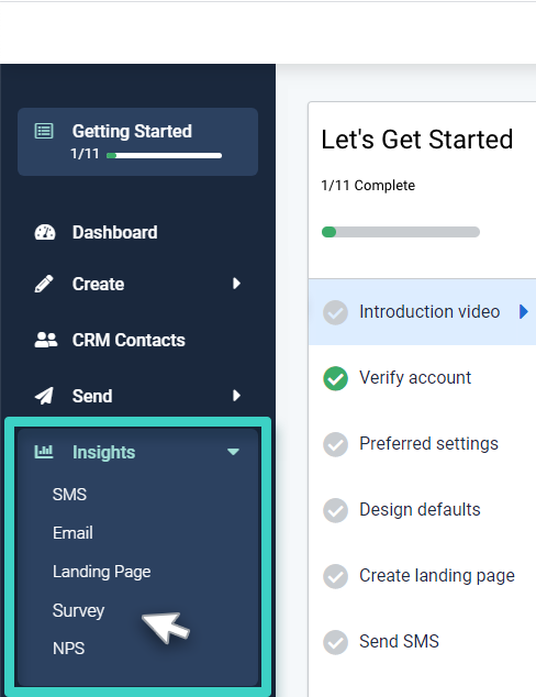Survey insights, insights menu. Survey is visible