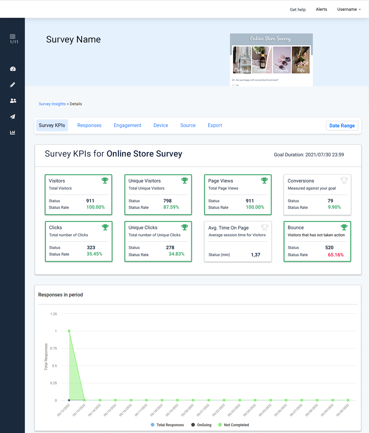 Survey insights. Data filters highlighted. Choose between engagement, device and source