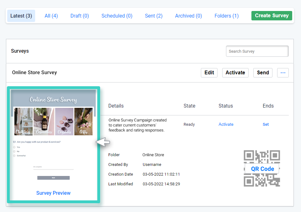 Survey creations, Survey preview is highlighted