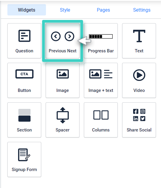 Survey Widget. The Previous/Next widget is highlighted