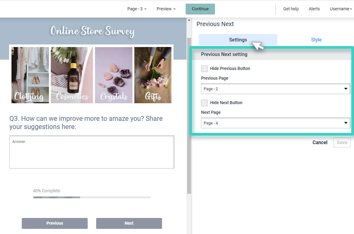 Previous/Next Widget setting. The setting tool is highlighted