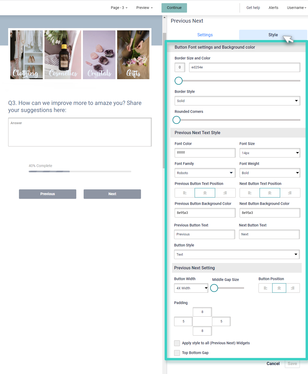 Survey Pevious/Next widget. The Style section is highlighted