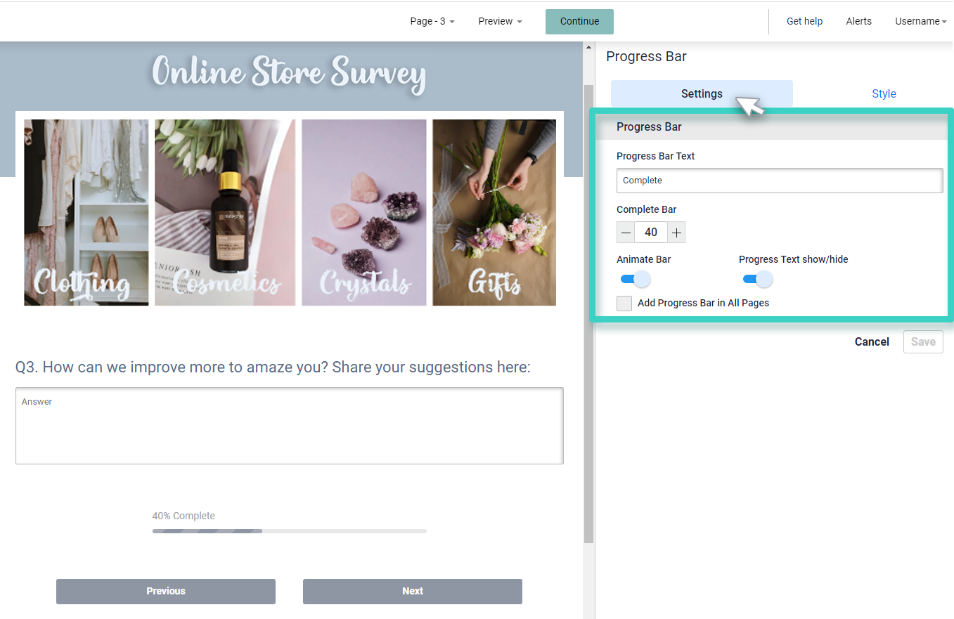 Survey progress bar. The settings tab is highlighted
