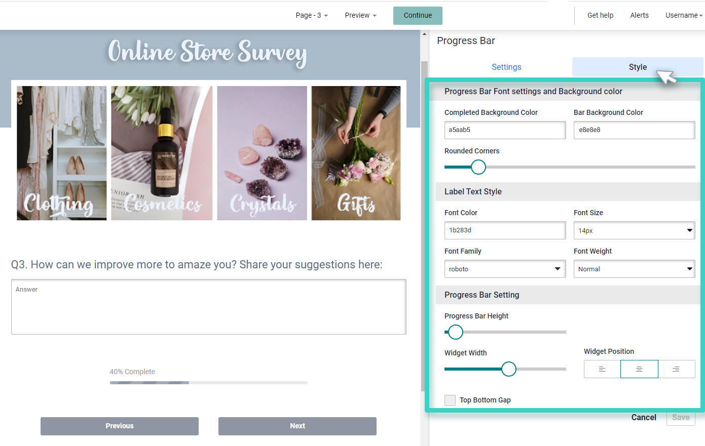 Survey progress bar. The style tab is highlighted