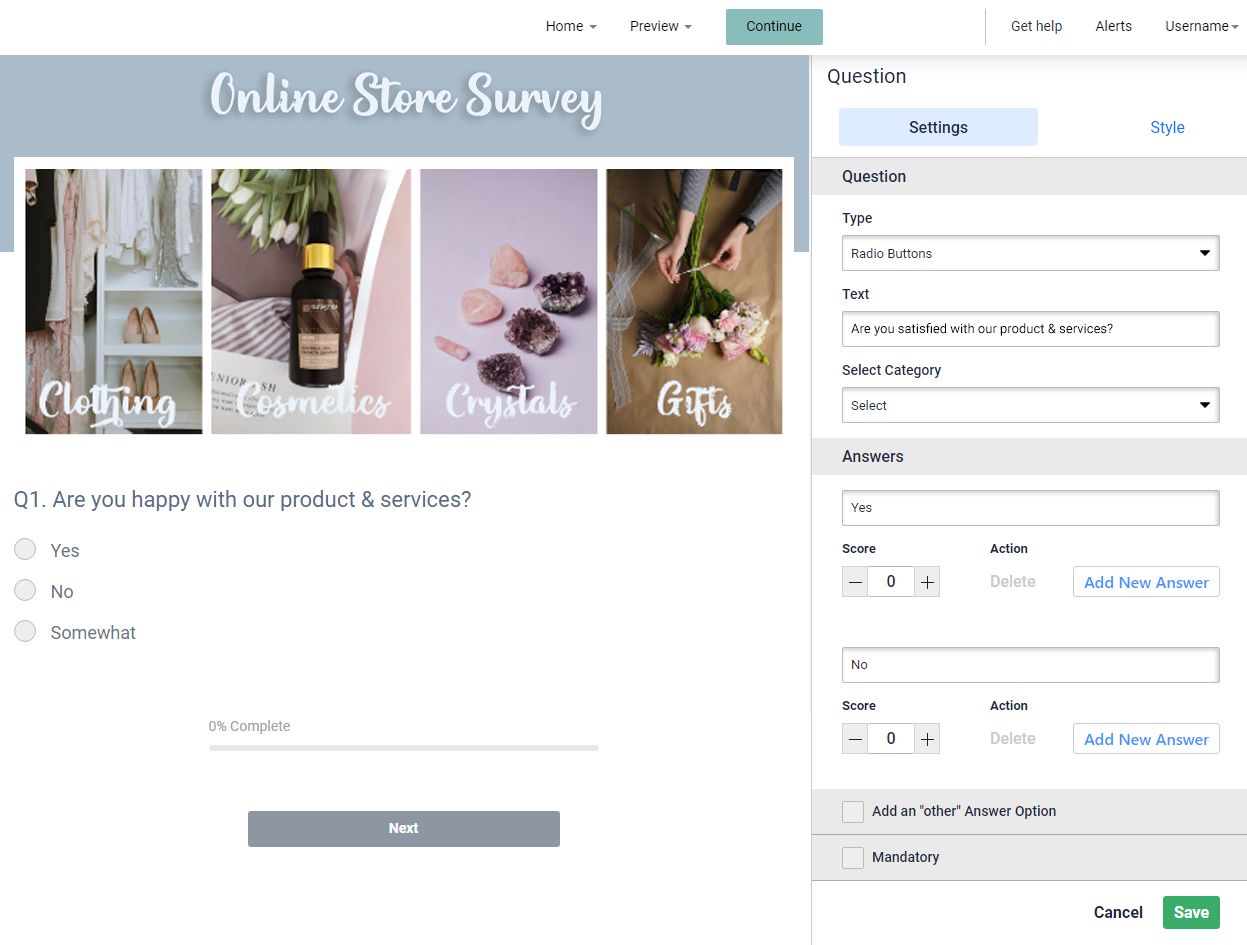 Survey question builder. Radio button is visible