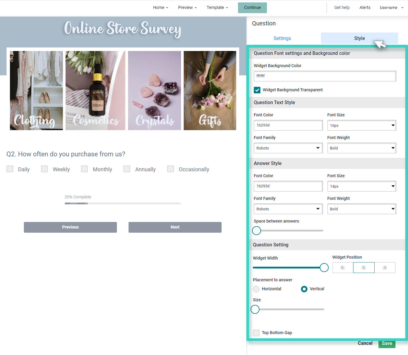Survey question button. Style section is visible