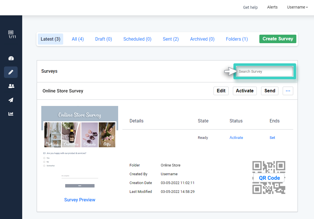 Survey manager. The search Survey field is highlighted