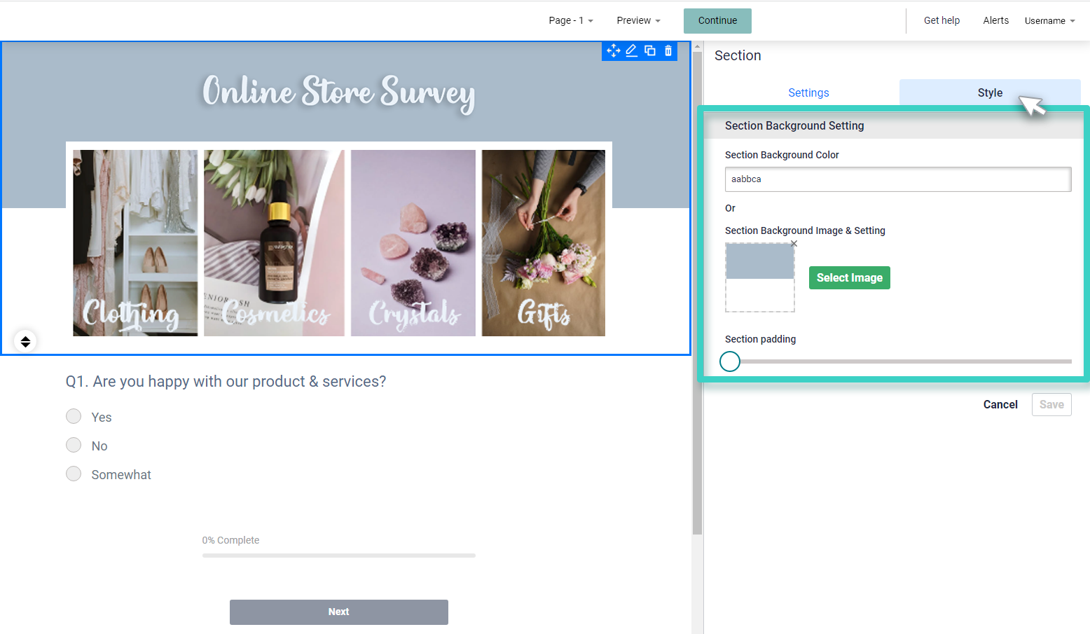Survey section style Survey section. The style tab is highlighted