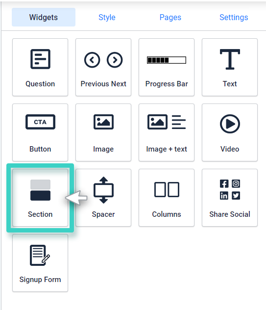 Survey Section Widget Survey Widget section. Section Widget is highlighted