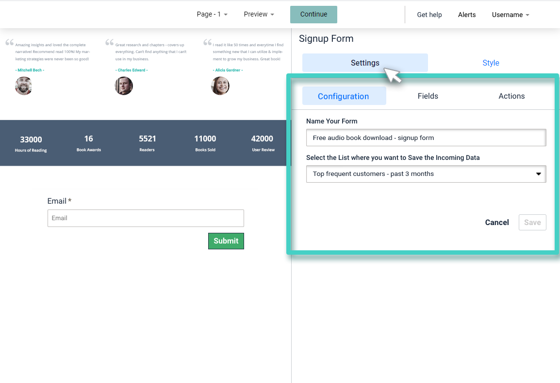 Survey signup form. The signup form widget settings tab is highlighted