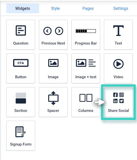 Survey builder social media widget for facebook, instagram, linkedin and twitter