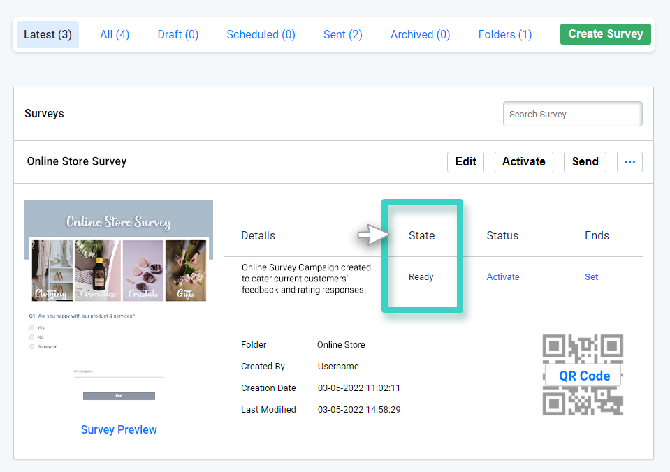 Survey manager, Survey activation state is highlighted