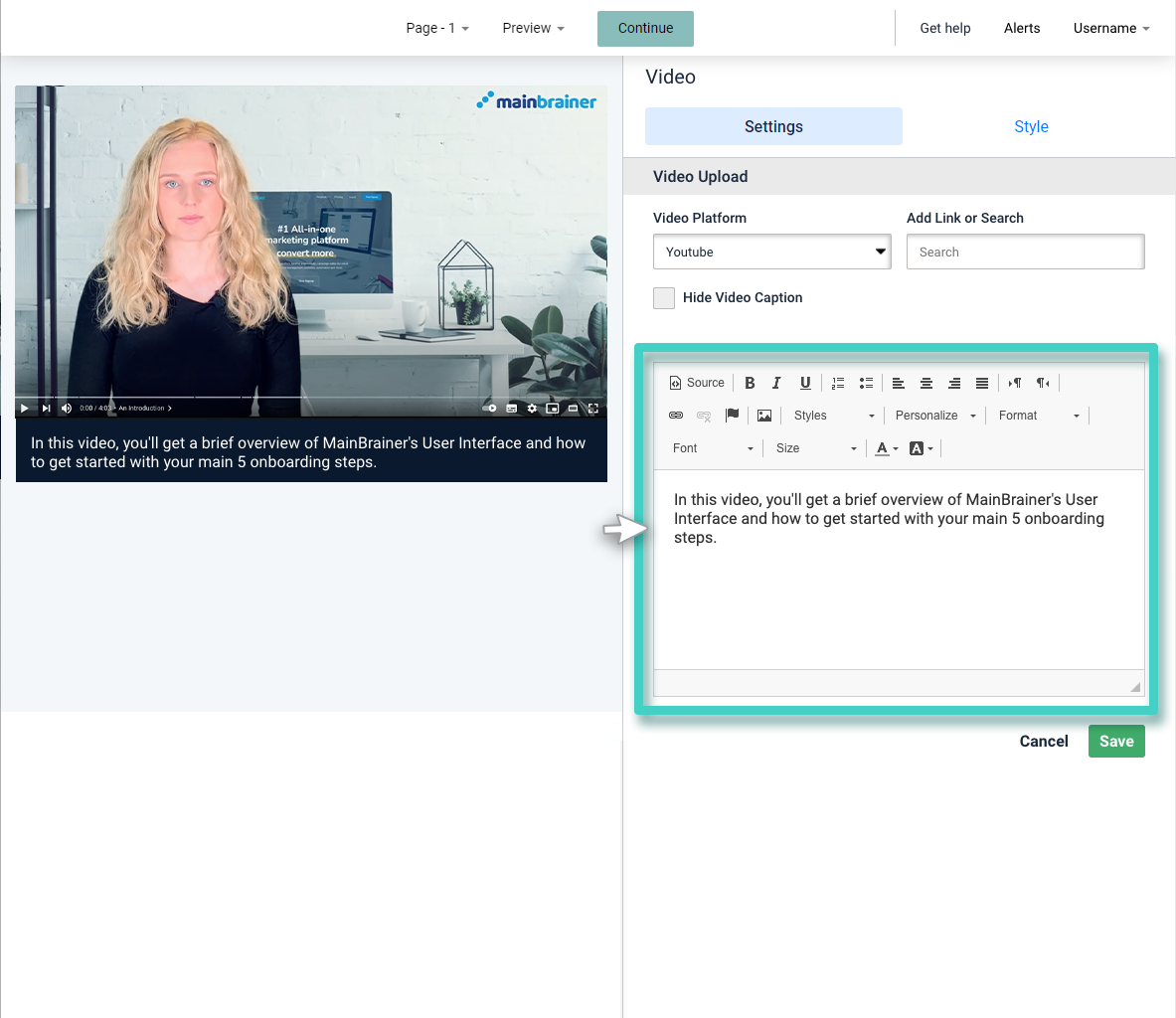Survey video widget. Video caption settings is highlighted
